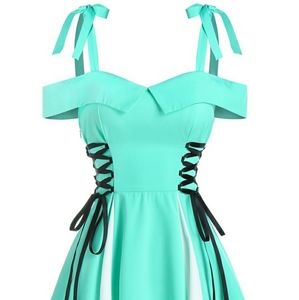 Teal Lace Up Swing Dress